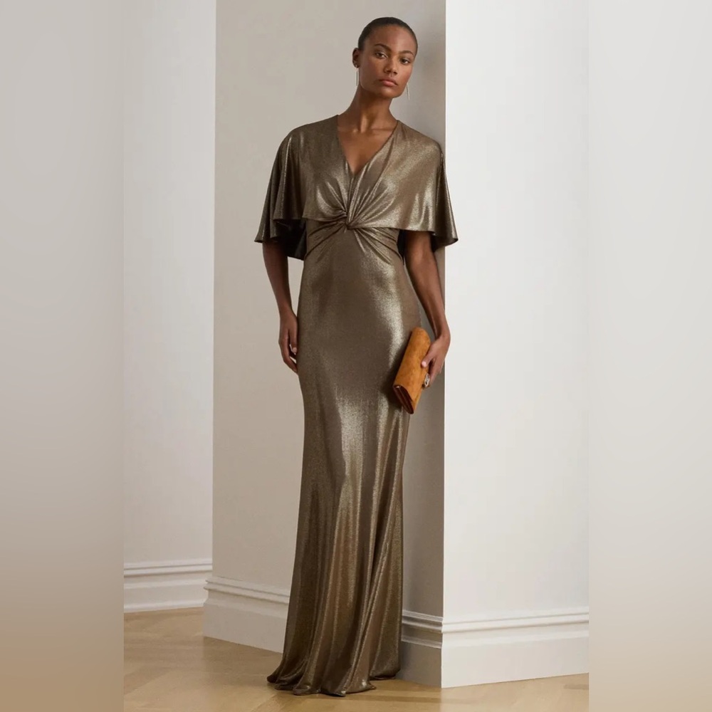 Elegant Metallic Bronze Maxi Dress with Twist Front